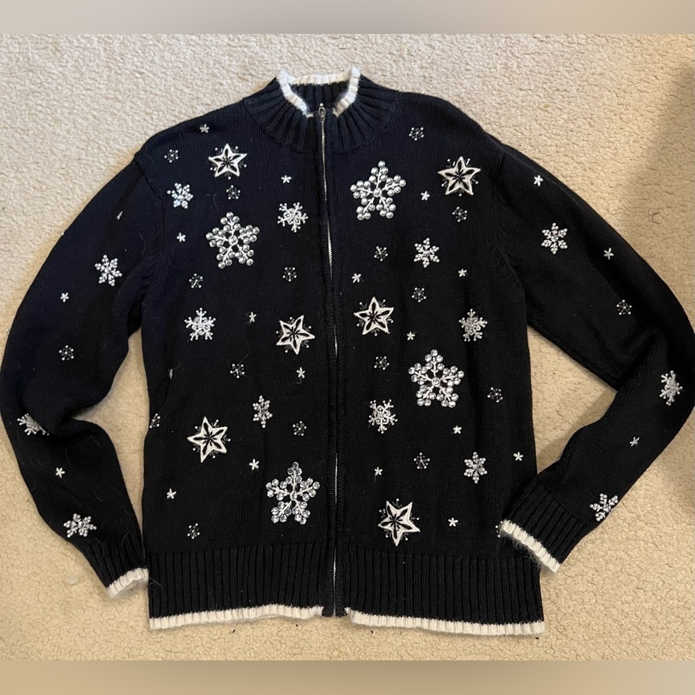 Erika cardigan sweater with snowflake embellishment. Medium.
